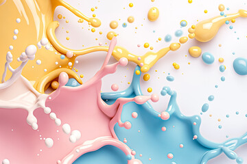 Poster - Pastel splashes in yellow, blue, pink, and white combine to form a lively and artistic background. The vibrant fluid motion creates a playful and modern aesthetic perfect for digital use
