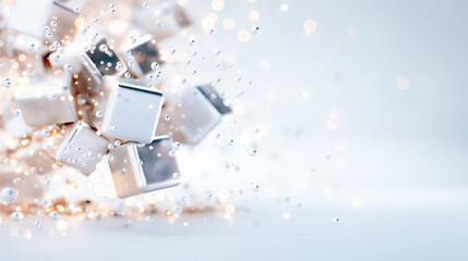  - A vibrant display of floating cubes surrounded by shimmering particles creates an engaging abstract wallpaper, set against a soft light backdrop. The design captivates with its modern aesthetic