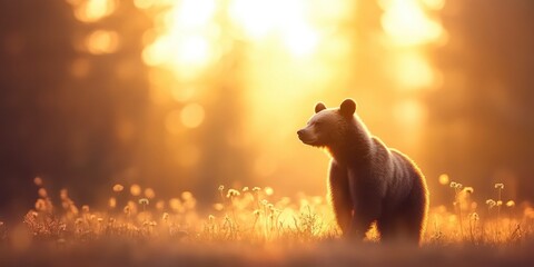 Brown bear in autumn forest with bright sunlight on blur background