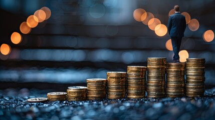 Wall Mural - Businessman stay next to golden coins, financial advise, investment and banking service career concept. Abstract business environment with stairs