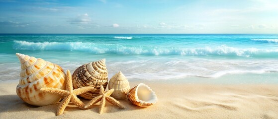 Wall Mural - Light sandy shore, turquoise waters, seashells in foreground, clear sky, gentle waves.