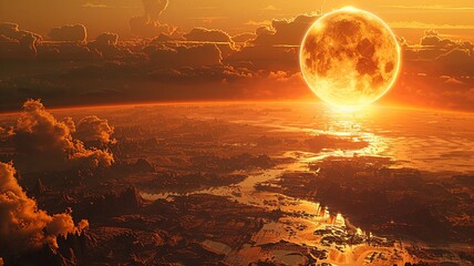 Sticker - Stunning Sunset Over Alien Landscape with Big Moon