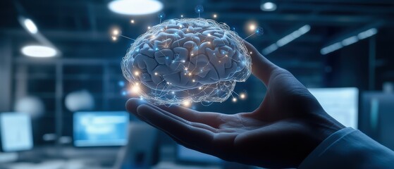 Poster - A luminous, digital brain is cradled in a hand, symbolizing innovation, technology, and the intersection of human intelligence and artificial intelligence.