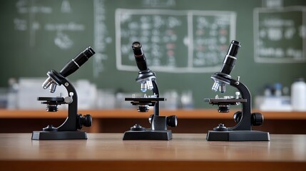 Poster - three black microscopes on a wooden table in a classroom