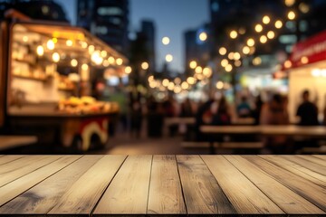 Empty wooden table top with blurred food truck and people at night time