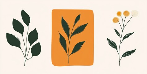 Three minimalist plant designs featuring a harmonious green and orange color palette on white backgrounds.