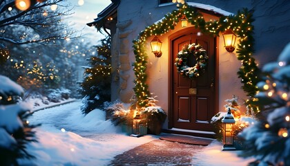 Inviting holiday entrance adorned with festive wreath, twinkling lights, snowy path, and warm lantern glow creating a cozy Christmas atmosphere