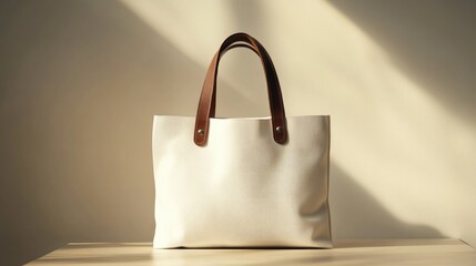 A white tote bag with brown leather handles placed neatly on a table, minimalist aesthetic against a plain background.