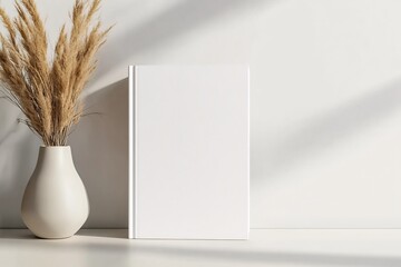 blank book standing upright on the table with a minimalist design