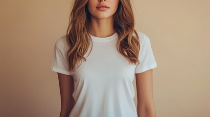 A woman models a plain white T-shirt, standing casually, creating a clean canvas for design or logo placement.