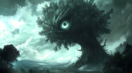 Wall Mural - Sky tree monster landscape creatire creature forest crazy fantasy ghost nature eye spirit. Tree Ent. Illustration