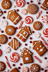 Wall Mural - Assorted Christmas-themed gingerbread cookies and candies on a white background.