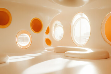 Poster - Sunlight streaming through round windows in a modern and minimalist play area