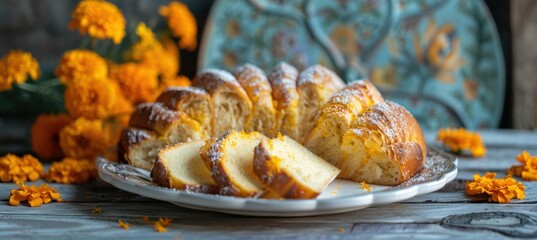 Elegant Pan de Muerto Slices with Marigold Flowers for Upscale Día de los Muertos Dinner Setting