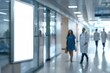 © Sweettymojidesign - A hospital corridor featuring a blank advertising panel, with staff and patients in the background, showcasing modern healthcare environment.