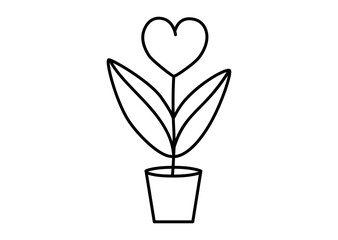 Hand drawn cute outline illustration flower in heart shape in pot with leaves. Love feeling plant line art doodle style. Valentine's Day tree sticker, icon or print. Holiday romantic gift. Isolated.