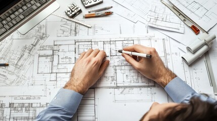 Architectural plans being drawn on a desk by an architect, with various tools and computer in a modern office setting.