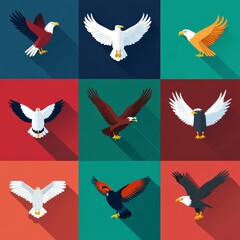 Poster - A collection of nine different eagle designs in flat style.