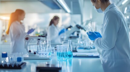 Poster - Scientist in Lab Coat Examining Blue Liquid in Glassware