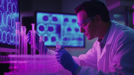 Poster - Scientist in Lab Coat Examining Samples Under Neon Lights