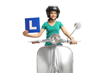 Poster - Young female learing to ride a scooter