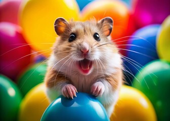 Cute hamster with a surprised expression as it blows up a colorful balloon in playful setting