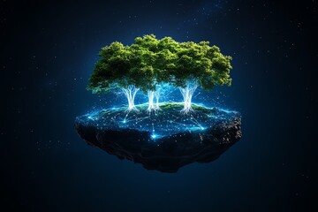 A floating island in space, where the trees are made of light and the ground is composed of ancient, forgotten constellations