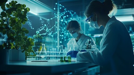 Poster - Two Scientists in Lab Coats Working with Chemicals and Glassware