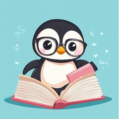 A penguin wearing glasses sits on an open book.