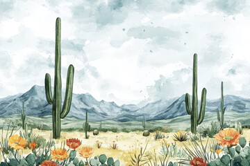 Wall Mural - A serene desert landscape featuring tall cacti and vibrant wildflowers, set against backdrop of mountains and cloudy sky. This artwork captures beauty of natures simplicity and tranquility