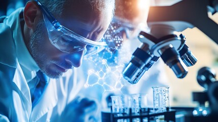 Poster - Scientist Examining Chemical Structure with a Microscope in a Laboratory