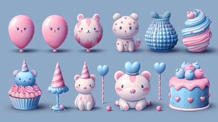 Collection colorful of objects party-themed for anniversary and birthday. Set of festive decorative design elements for party in realistic 3d cartoon style. vector illustration