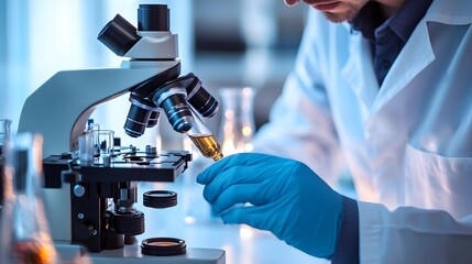 Poster - scientist holding a sample near a microscope