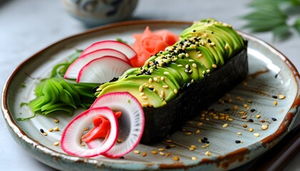 Wall Mural - Vegan sushi rice cakes topped with creamy avocado, crisp radish, and fresh microgreens, adorned with black sesame seeds on a stylish ceramic plate