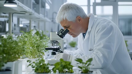 Poster - A Scientist Using a Microscope to Examine Plants in a Laboratory