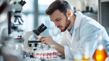 Poster - A Scientist Using a Microscope to Examine a Sample in a Lab