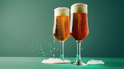 Two glasses of beer on a green table