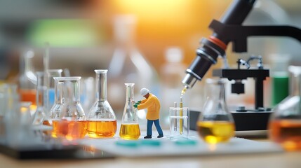 Poster - Miniature Scientist Working with Beakers and a Microscope in a Laboratory