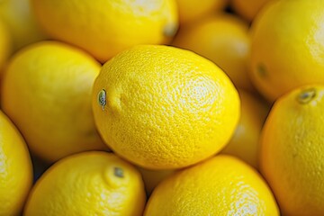 Vibrant pile of fresh yellow lemons in bright light, showing their textured peels and vivid color.