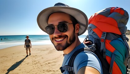 Stylish traveler capturing memories on sunny beach day, smiling with sunglasses and hat, embodying the joy of summer adventures and technology