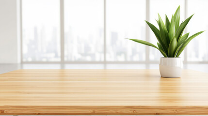 Poster - Modern office space with bamboo desk and natural light creates serene atmosphere