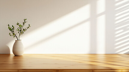 Poster - serene and minimalistic interior featuring vase with greenery on wooden countertop