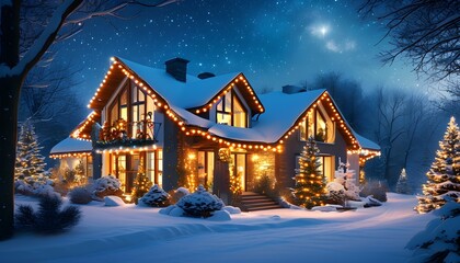 Charming winter retreat sparkling with festive lights, embraced by snow and glowing trees beneath a starlit sky