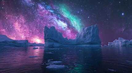 Breathtaking iceberg amidst a galaxy of stars and auroras at twilight.