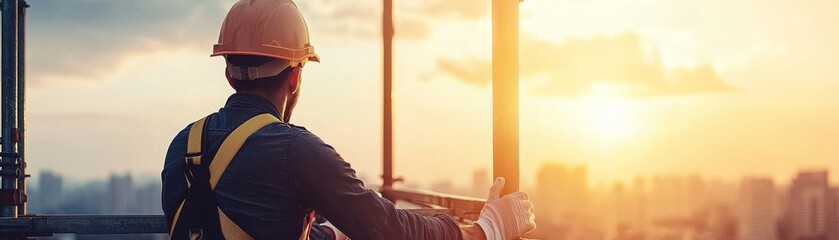 A construction worker in a hard hat observes a city skyline at sunset, embodying safety and dedication in the industry.