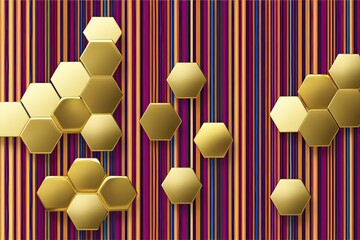 Gold Hexagon Figures with Vibrant Striped Lines in Artistic Geometric Seamless Design