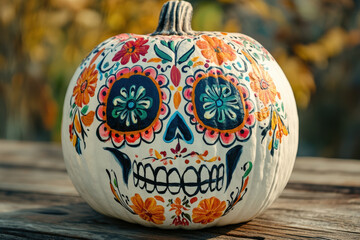 White pumpkin decorated with a colorful sugar skull face, sitting on a rustic wooden table, celebrating the day of the dead