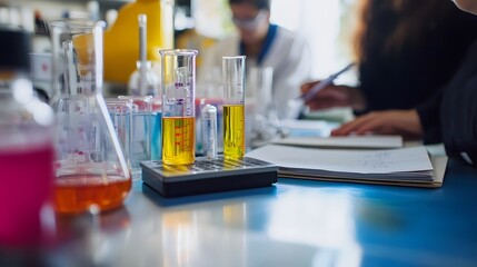 Poster - Close-up of Yellow Liquid in Graduated Cylinders on a Lab Table
