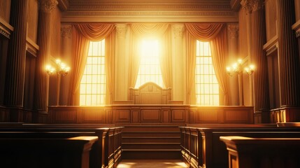 majestic empty courtroom bathed in golden sunlight ornate wooden judges bench flanked by gleaming brass rails rich burgundy curtains framing scene of judicial grandeur