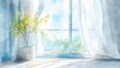© Mingpon - Watercolor Artistic using soft, brushy watercolor strokes, Single object picture Living Room â€“ a large window draped with sheer curtains